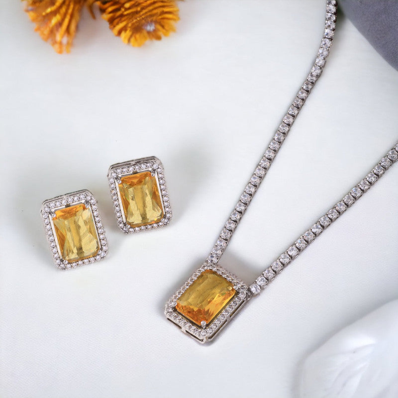 Silver Plated Crystal Studded Rectangular Colorful Anti Tarnish AD Necklace Set