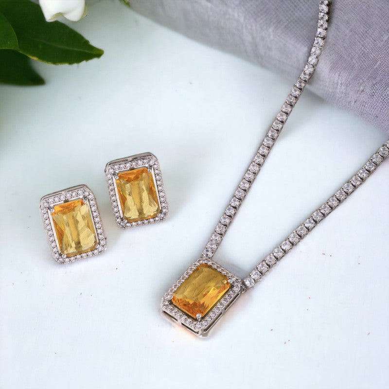 Silver Plated Crystal Studded Rectangular Colorful Anti Tarnish AD Necklace Set