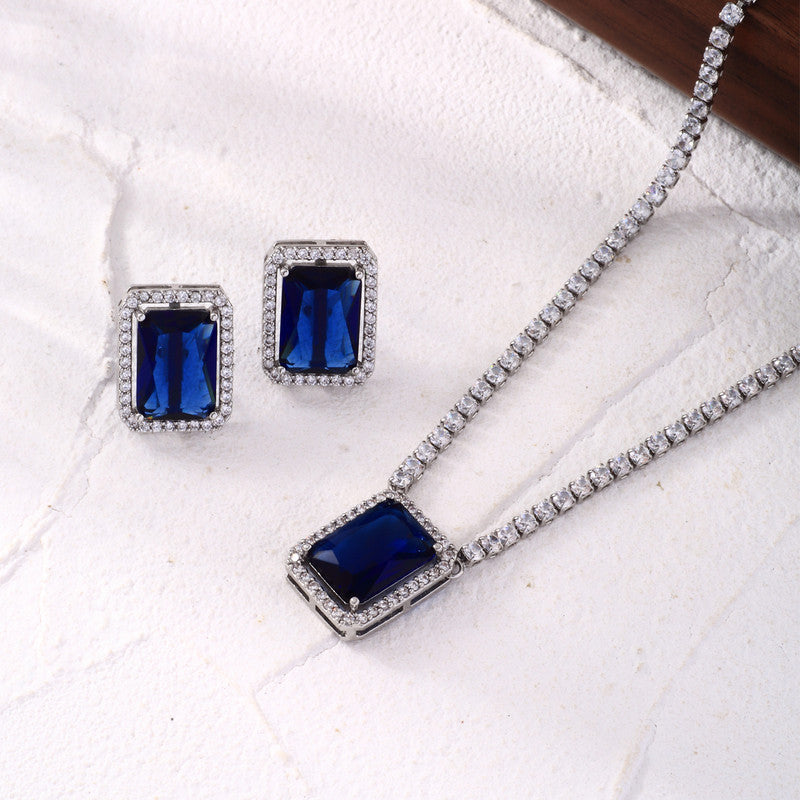 Silver Plated Crystal Studded Rectangular Colorful Anti Tarnish AD Necklace Set