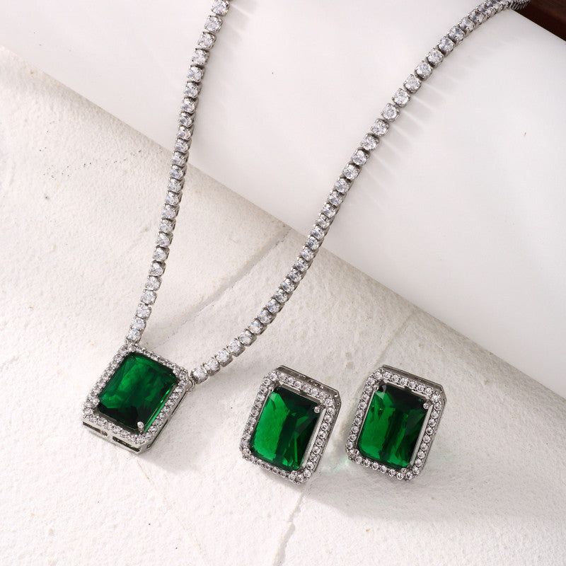 Silver Plated Crystal Studded Rectangular Colorful Anti Tarnish AD Necklace Set