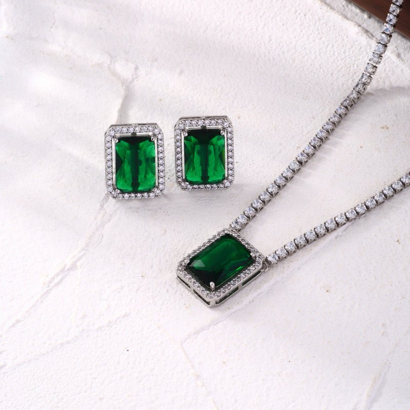 Silver Plated Crystal Studded Rectangular Colorful Anti Tarnish AD Necklace Set