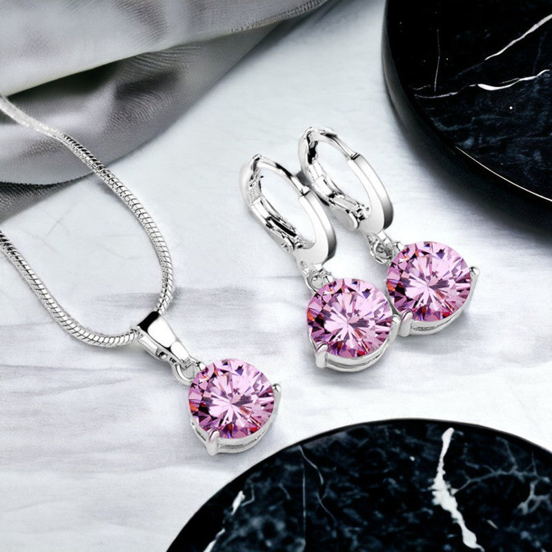 Silver Plated CZ Stone-Studded Colorful Anti Tarnish Pendant Set