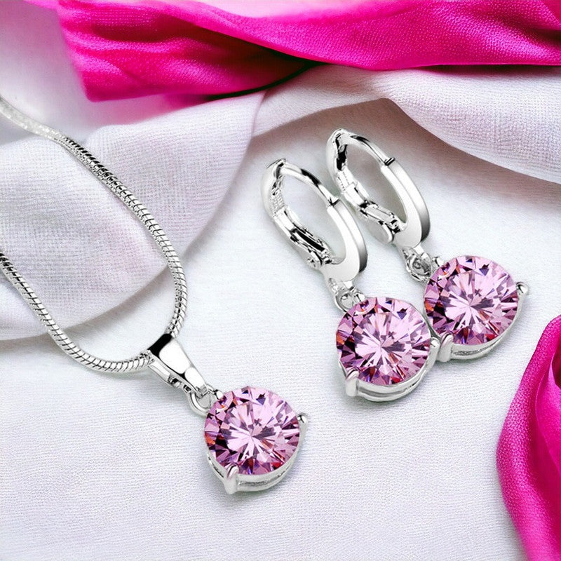 Silver Plated CZ Stone-Studded Colorful Anti Tarnish Pendant Set