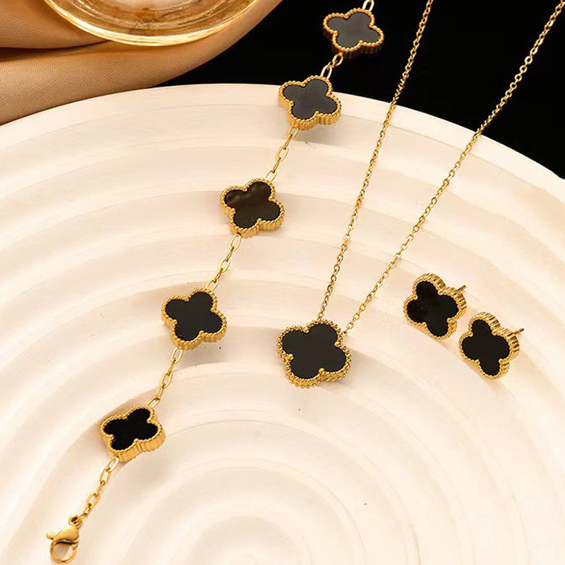 Stainless Steel Gold Plated Set Of Black Anti Tarnish Clover Jewellery Set For Girls And Women - MySmartBazaar