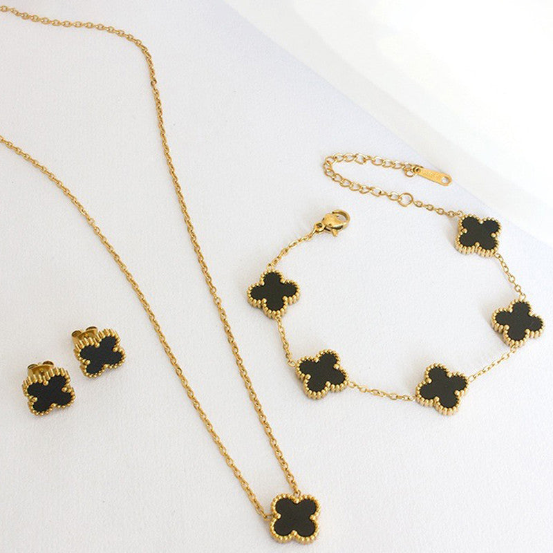 Stainless Steel Gold Plated Set Of Black Anti Tarnish Clover Jewellery Set For Girls And Women