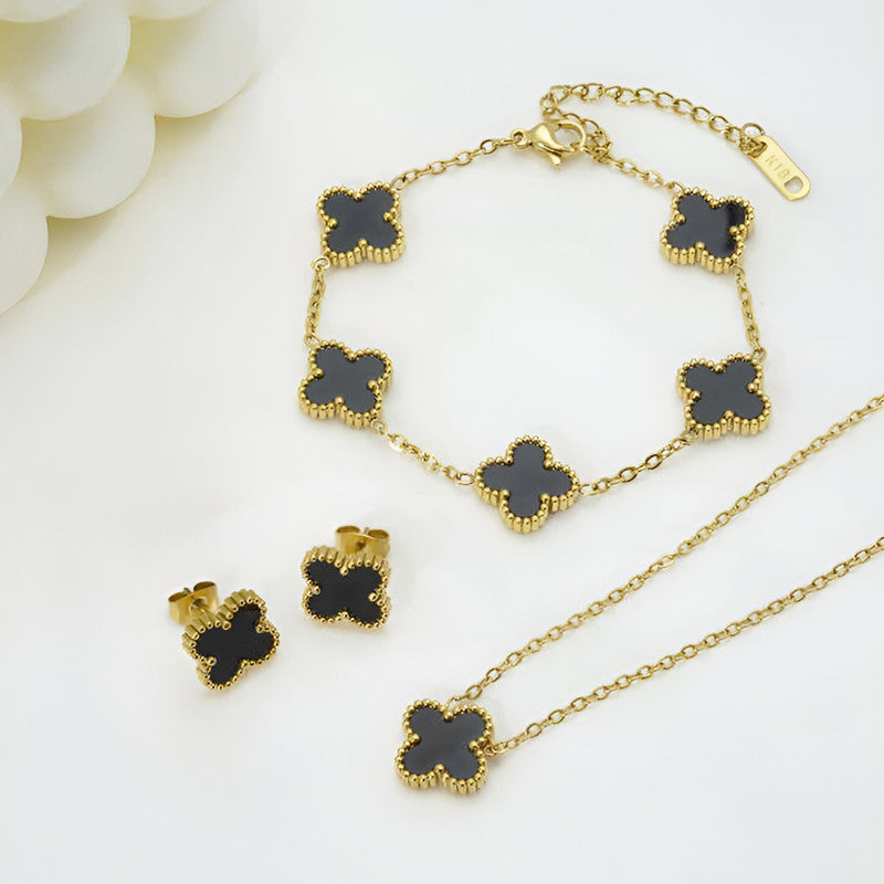 Stainless Steel Gold Plated Set Of Black Anti Tarnish Clover Jewellery Set For Girls And Women