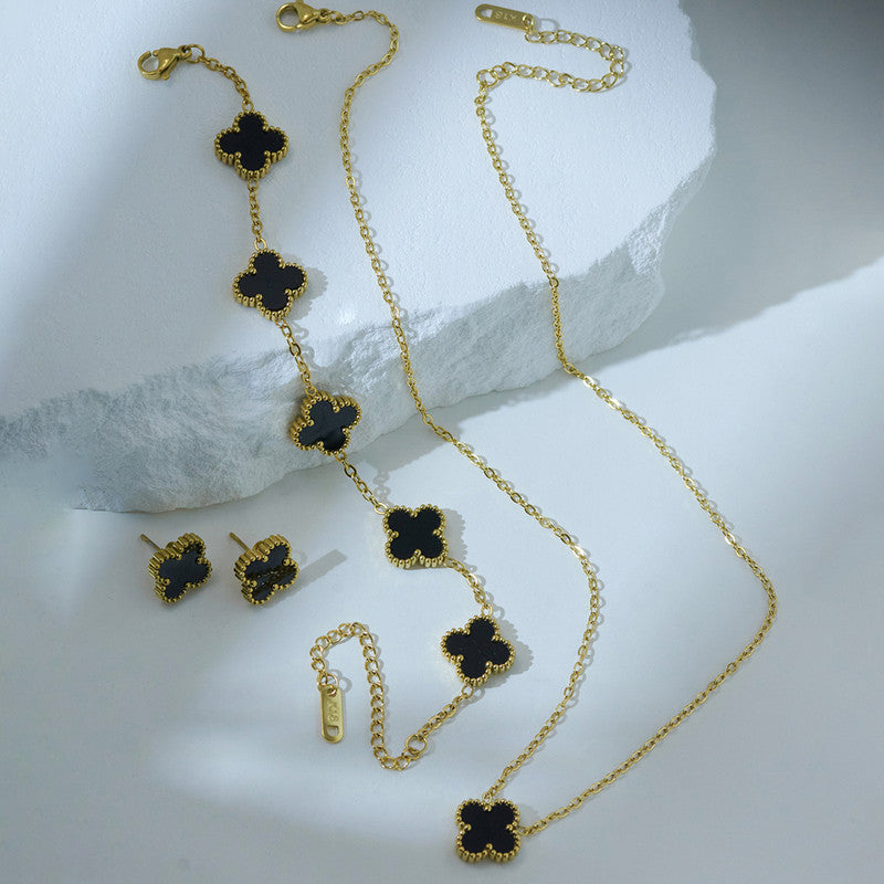 Stainless Steel Gold Plated Set Of Black Anti Tarnish Clover Jewellery Set For Girls And Women