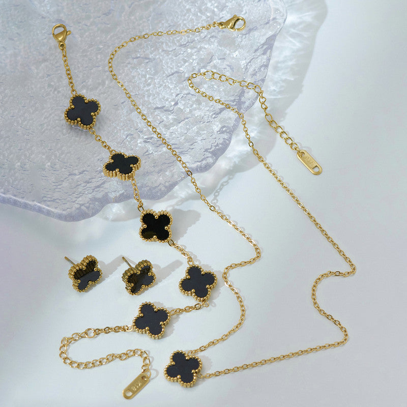 Stainless Steel Gold Plated Set Of Black Anti Tarnish Clover Jewellery Set For Girls And Women