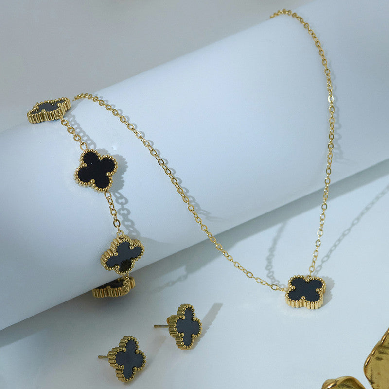 Stainless Steel Gold Plated Set Of Black Anti Tarnish Clover Jewellery Set For Girls And Women