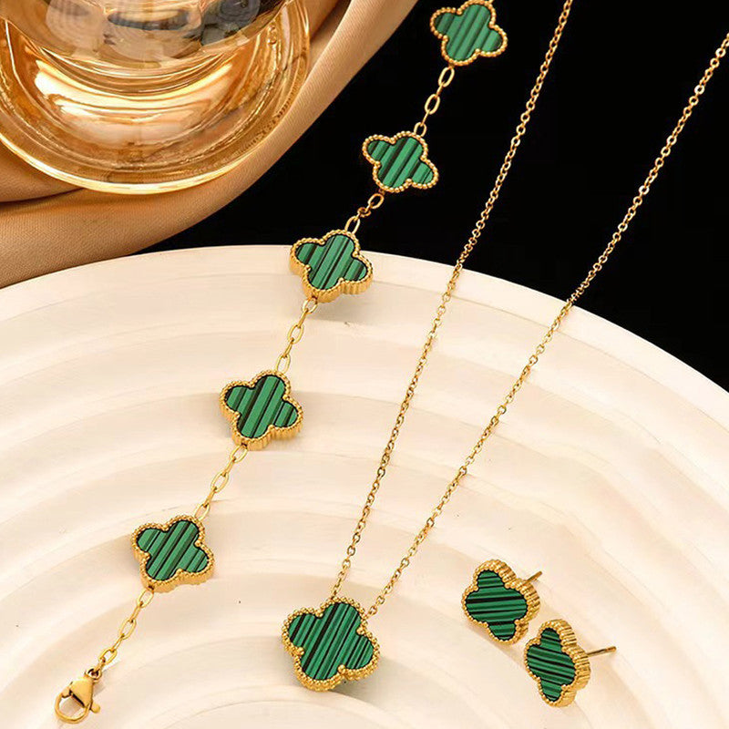 Stainless Steel Gold Plated Set Of Green Anti Tarnish Clover Jewellery Set For Girls And Women