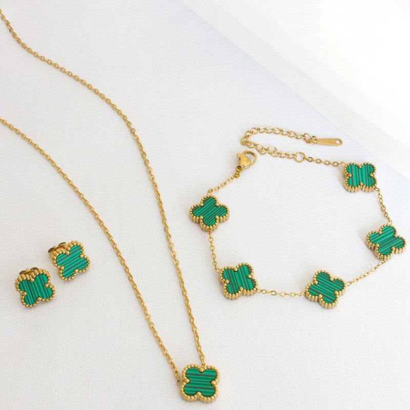 Stainless Steel Gold Plated Set Of Green Anti Tarnish Clover Jewellery Set For Girls And Women