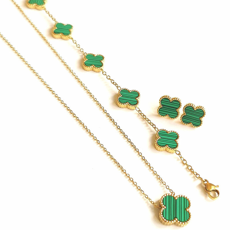 Stainless Steel Gold Plated Set Of Green Anti Tarnish Clover Jewellery Set For Girls And Women