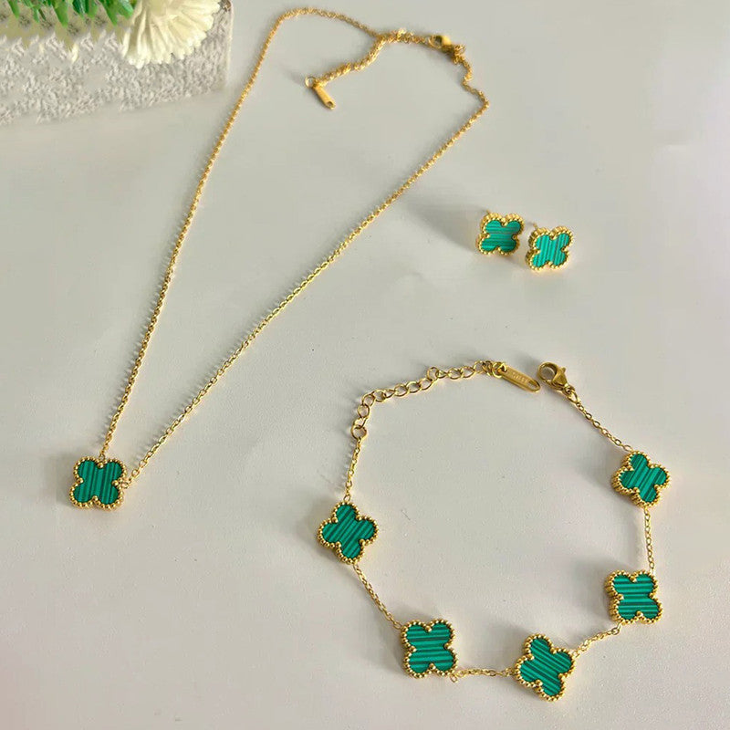 Stainless Steel Gold Plated Set Of Green Anti Tarnish Clover Jewellery Set For Girls And Women