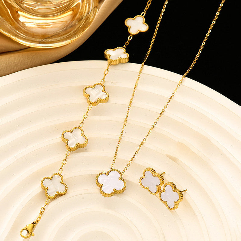 Stainless Steel Gold Plated Set Of White Anti Tarnish Clover Jewellery Set For Girls And Women