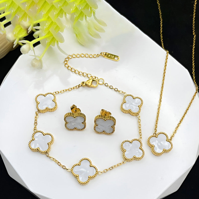 Stainless Steel Gold Plated Set Of White Anti Tarnish Clover Jewellery Set For Girls And Women