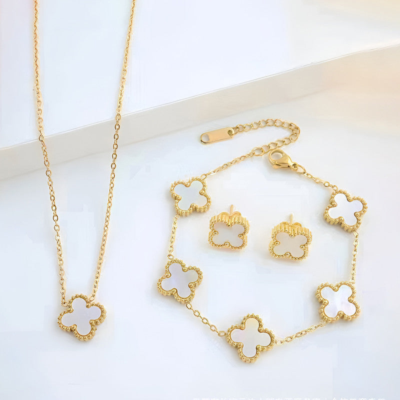 Stainless Steel Gold Plated Set Of White Anti Tarnish Clover Jewellery Set For Girls And Women