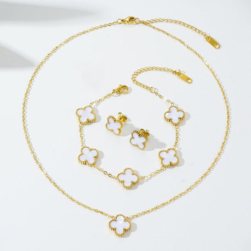 Stainless Steel Gold Plated Set Of White Anti Tarnish Clover Jewellery Set For Girls And Women