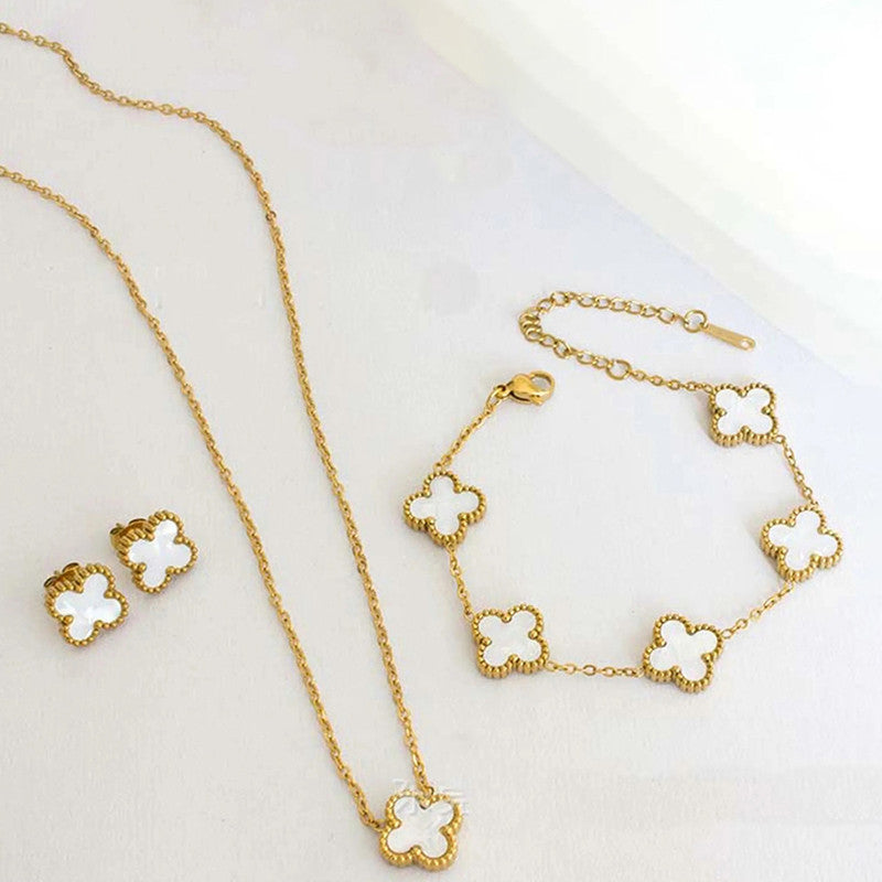 Stainless Steel Gold Plated Set Of White Anti Tarnish Clover Jewellery Set For Girls And Women