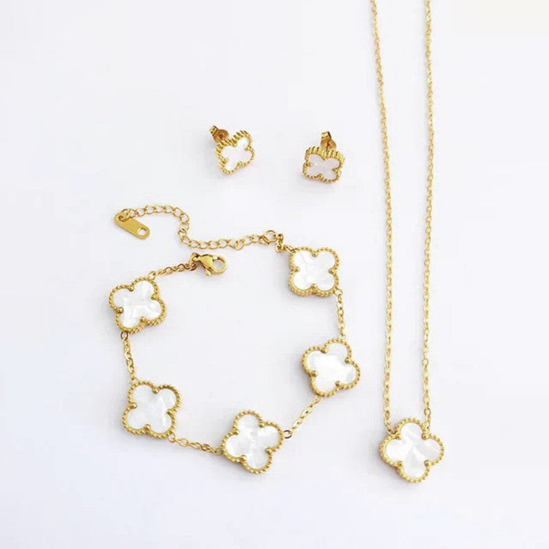 Stainless Steel Gold Plated Set Of White Anti Tarnish Clover Jewellery Set For Girls And Women