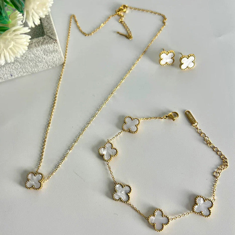 Stainless Steel Gold Plated Set Of White Anti Tarnish Clover Jewellery Set For Girls And Women