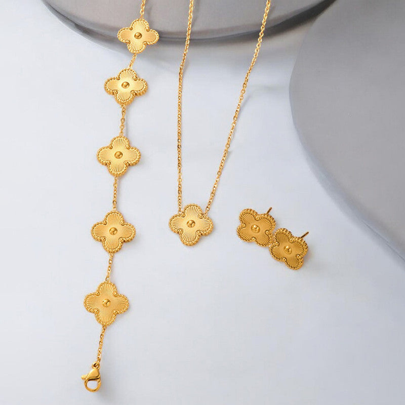 Stainless Steel Gold Plated Set Of Gold Anti Tarnish Clover Jewellery Set For Girls And Women