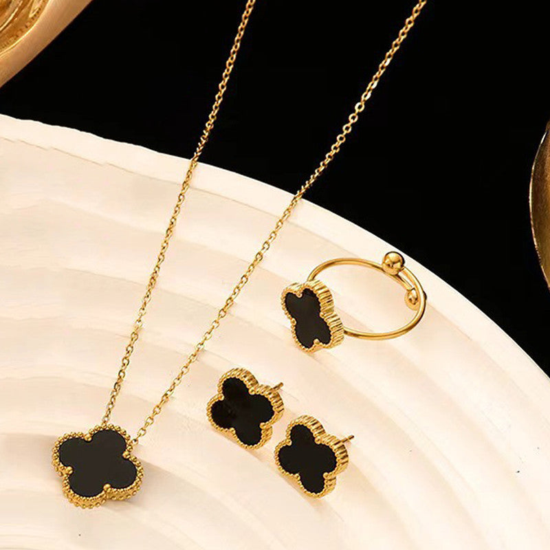 Stainless Steel Gold Plated Set Of Black Anti Tarnish Clover Jewellery Set For Girls And Women