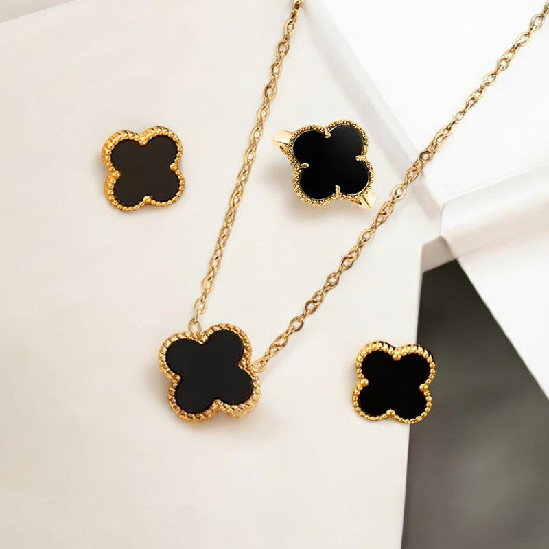 Stainless Steel Gold Plated Set Of Black Anti Tarnish Clover Jewellery Set For Girls And Women