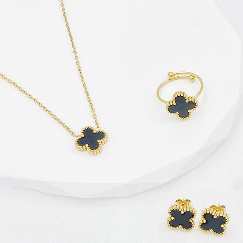 Stainless Steel Gold Plated Set Of Black Anti Tarnish Clover Jewellery Set For Girls And Women