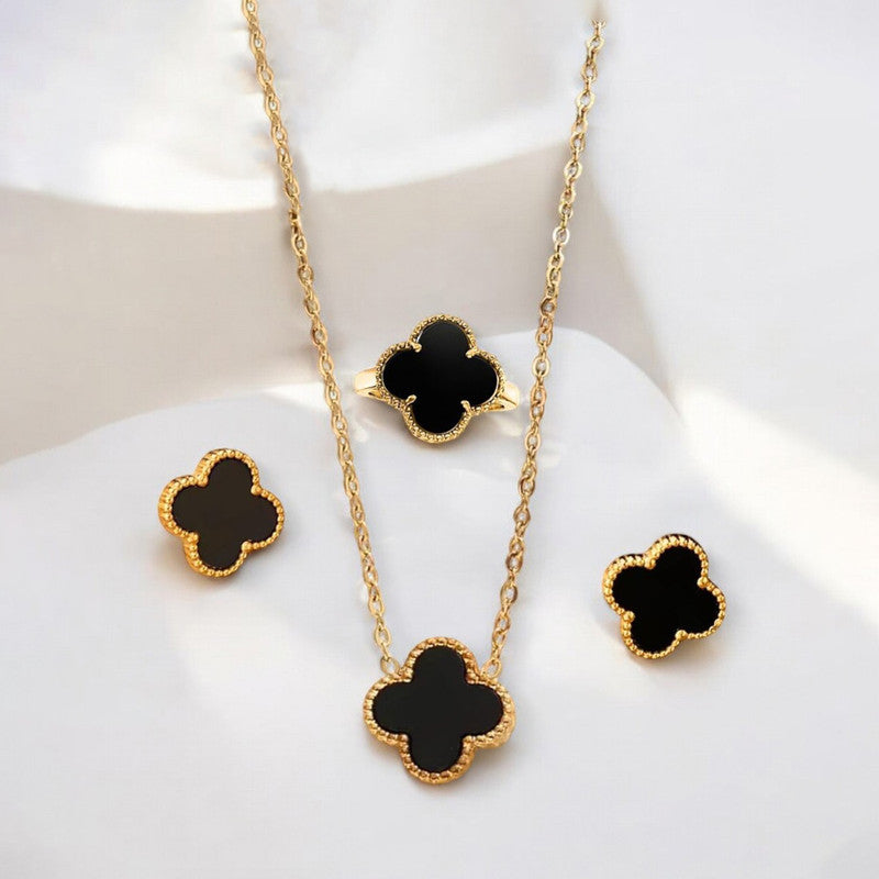 Stainless Steel Gold Plated Set Of Black Anti Tarnish Clover Jewellery Set For Girls And Women