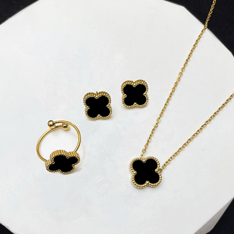 Stainless Steel Gold Plated Set Of Black Anti Tarnish Clover Jewellery Set For Girls And Women