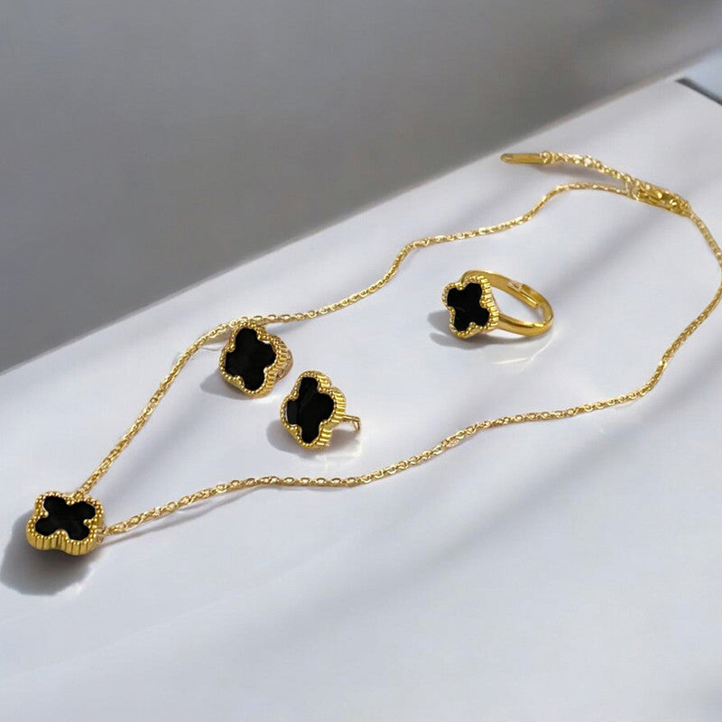 Stainless Steel Gold Plated Set Of Black Anti Tarnish Clover Jewellery Set For Girls And Women