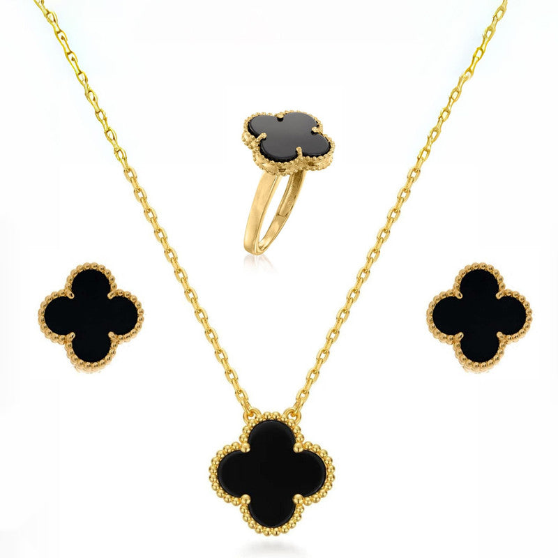 Stainless Steel Gold Plated Set Of Black Anti Tarnish Clover Jewellery Set For Girls And Women