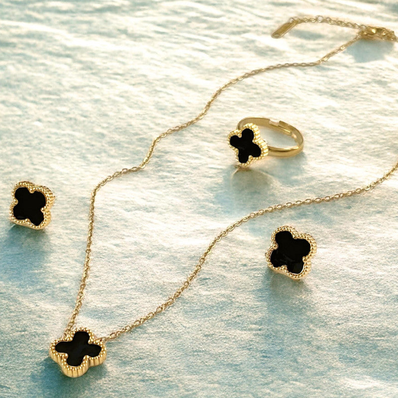 Stainless Steel Gold Plated Set Of Black Anti Tarnish Clover Jewellery Set For Girls And Women