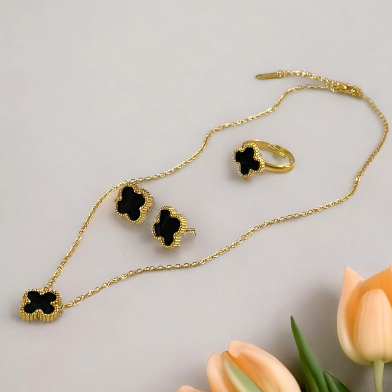 Stainless Steel Gold Plated Set Of Black Anti Tarnish Clover Jewellery Set For Girls And Women