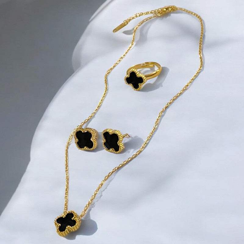 Stainless Steel Gold Plated Set Of Black Anti Tarnish Clover Jewellery Set For Girls And Women