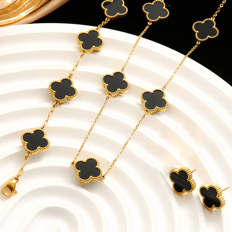 Stainless Steel Gold Plated Set Of Black Anti Tarnish Clover Jewellery Set For Girls And Women