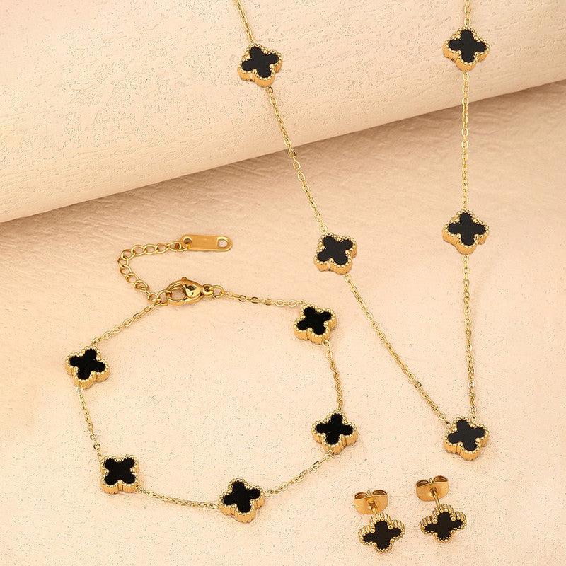 Stainless Steel Gold Plated Set Of Black Anti Tarnish Clover Jewellery Set For Girls And Women