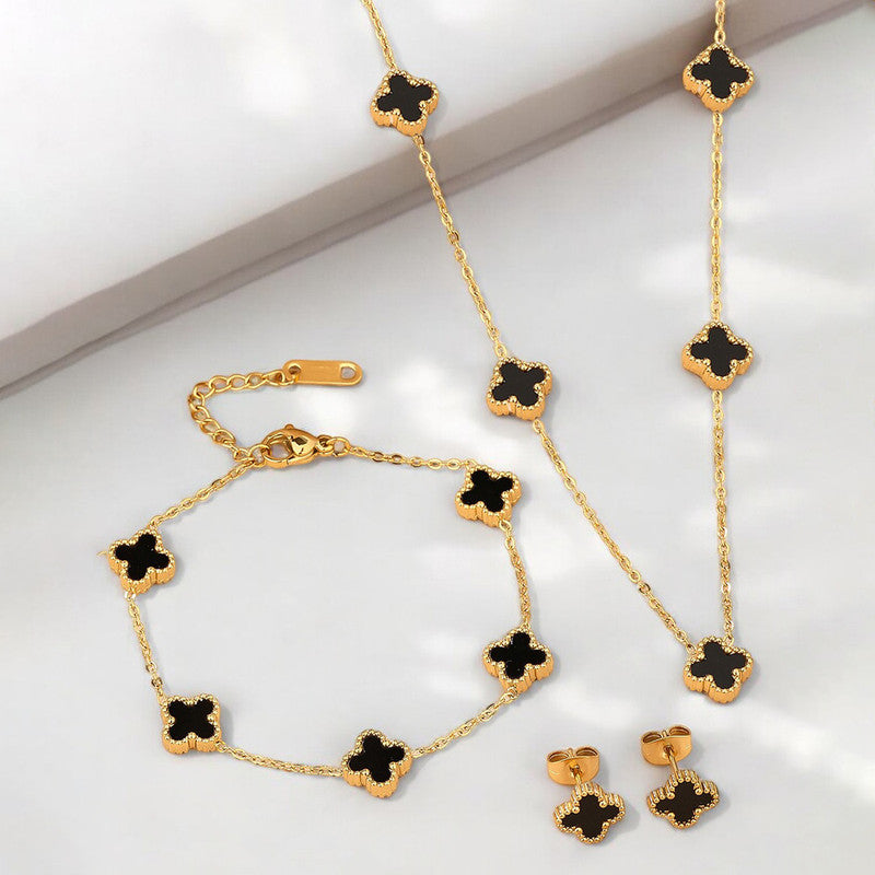 Stainless Steel Gold Plated Set Of Black Anti Tarnish Clover Jewellery Set For Girls And Women