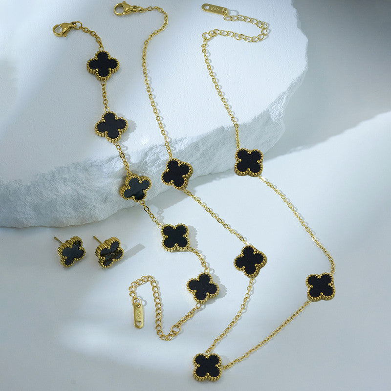 Stainless Steel Gold Plated Set Of Black Anti Tarnish Clover Jewellery Set For Girls And Women