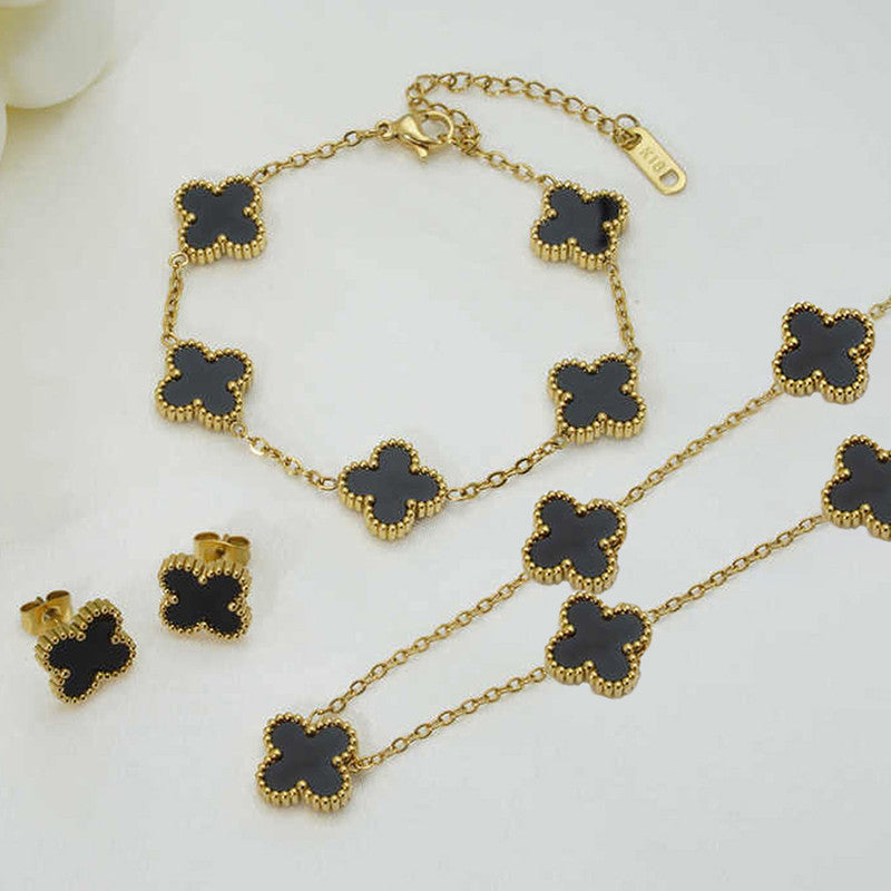 Stainless Steel Gold Plated Set Of Black Anti Tarnish Clover Jewellery Set For Girls And Women