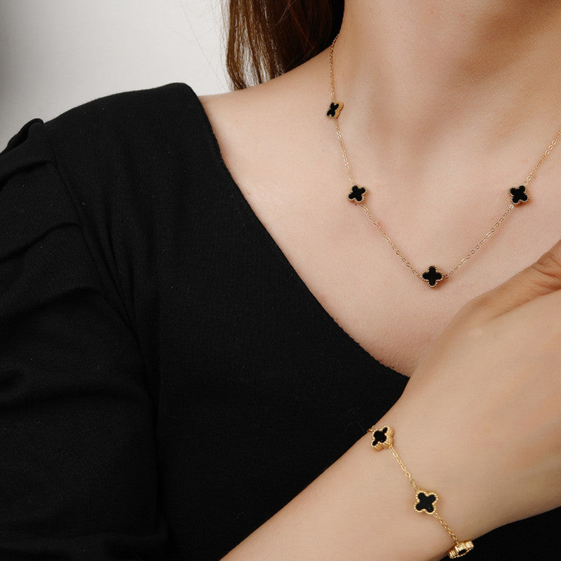 Stainless Steel Gold Plated Set Of Black Anti Tarnish Clover Jewellery Set For Girls And Women