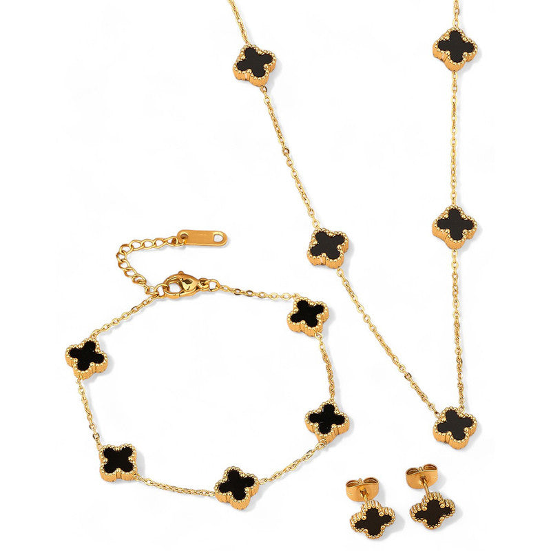 Stainless Steel Gold Plated Set Of Black Anti Tarnish Clover Jewellery Set For Girls And Women