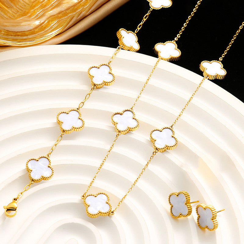 Stainless Steel Gold Plated Set Of White Anti Tarnish Clover Jewellery Set For Girls And Women