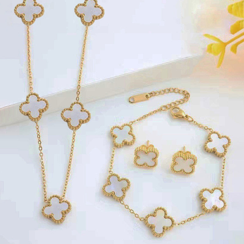 Stainless Steel Gold Plated Set Of White Anti Tarnish Clover Jewellery Set For Girls And Women