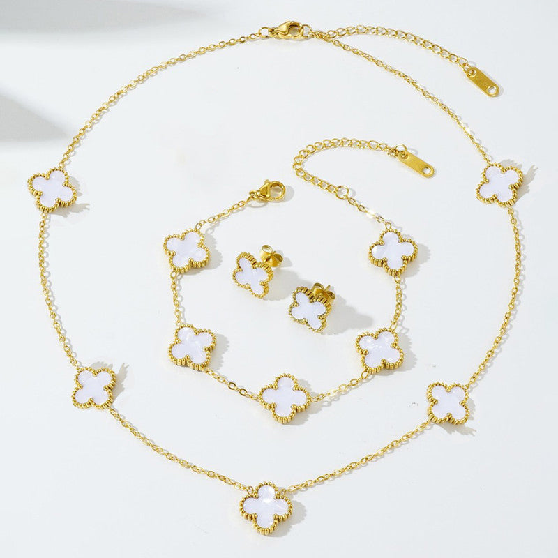 Stainless Steel Gold Plated Set Of White Anti Tarnish Clover Jewellery Set For Girls And Women