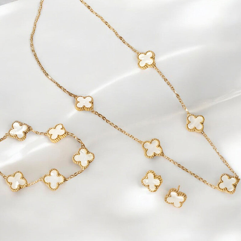 Stainless Steel Gold Plated Set Of White Anti Tarnish Clover Jewellery Set For Girls And Women