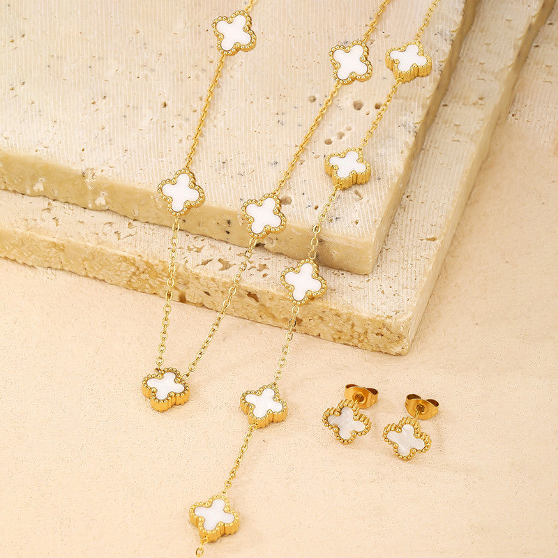 Stainless Steel Gold Plated Set Of White Anti Tarnish Clover Jewellery Set For Girls And Women