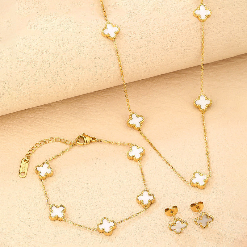 Stainless Steel Gold Plated Set Of White Anti Tarnish Clover Jewellery Set For Girls And Women