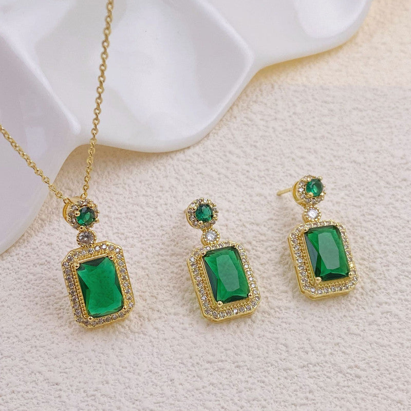 Gold Plated Elegant Emerald Geometric Pendant Set