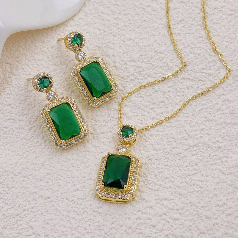 Gold Plated Elegant Emerald Geometric Pendant Set